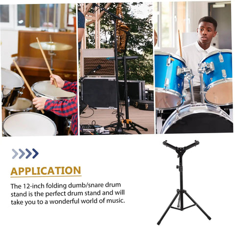 Heavy Duty Adjustable Snare Drum Rack In Matte Black With Telescopic Height Settings And Foldable Portability For Local Jam Nights Or No Sweat Travel Setup in use with drums on stage.