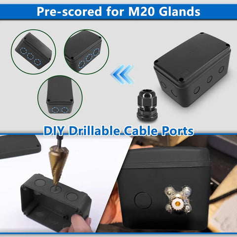 Black IP66 Weatherproof Outdoor Electrical Box Junction Enclosure Built Tough For Outdoors All Weather Ready ABS Plastic External Project Box 7 1/8 by 4 1/2 by 4 Inches 100 Pack with drillable cable ports