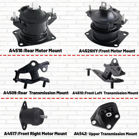 Heavy Duty Engine And Transmission Mount Kit Set Of 6 For 2003 2007 Accord showing all six mounts on a white background.