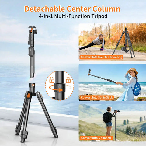 75 Inch Extendable Camera Tripod With Remote Shutter And 360 Degree Ball Head, showing detachable column and multi-function use.