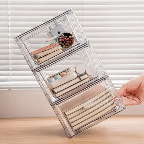 2 Pack Stackable Makeup Organizer Bins With Handles For Fridge Bathroom Kitchen Under Sink Cabinet And Pantry Storage Modular Drawer Friendly Plastic Bins For Easy Access And Multiuse Organization