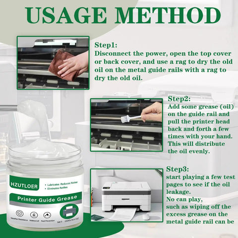 Instructions on using White Lubricating Grease 250g for printers showing application process on guide rails with jar visible