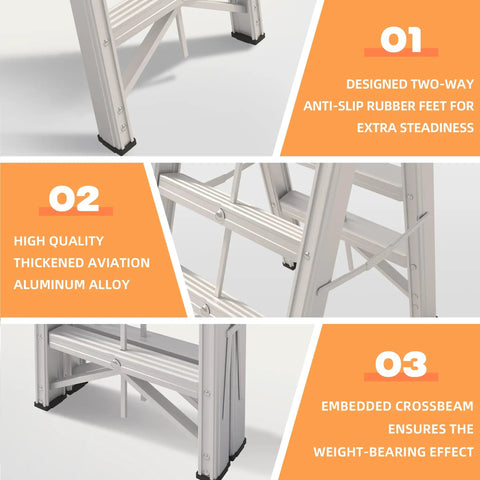 Foldable Twin Front A Frame 6 Step Ladder With Wide Anti Slip Pedals, compact aluminum frame with anti-slip feet
