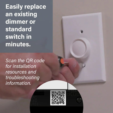 Premium Magnesium Paddle Dimmer installed on a wall, featuring an easy-control knob for LED lighting adjustments.