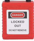 Close-up of red warning tag reading 'Danger Locked Out' on Self Adhesive Electric Panel Lockout Kit With A 13 Hole Strap And Two Clips