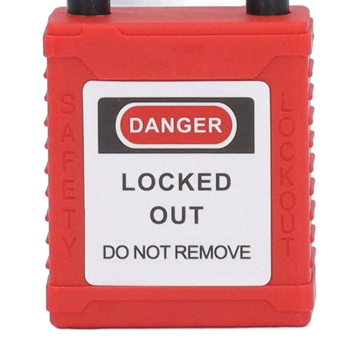 Close-up of red warning tag reading 'Danger Locked Out' on Self Adhesive Electric Panel Lockout Kit With A 13 Hole Strap And Two Clips