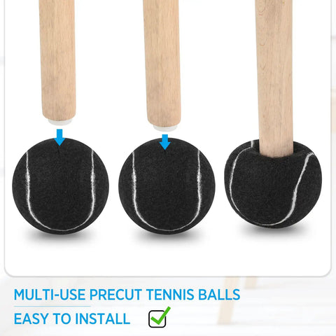 Rock Solid Precut Tennis Ball Grips 60 Piece Set For Walker Rollator And Chair installed on furniture legs for smooth mobility.