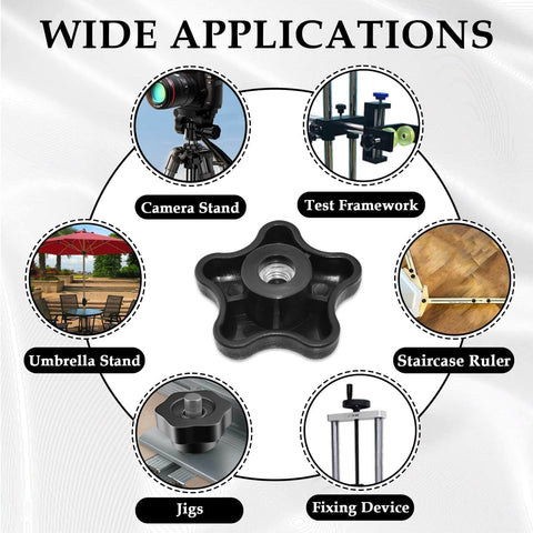 Four Pack 5/16-18 Female Thread Polypropylene Clamping Knobs for Jigs, application examples including camera and test stands