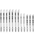Jigsaw Blade Set With Case, 14 Piece T Shank Blades For Wood And Metal, arranged in a row for display