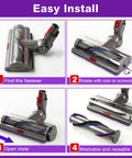 Upgrade High Torque Vacuum Head For Dyson V10 V11 V15 SV12 SV14 SV15 SV17 SV22 SV27 SV28 SV47 Models With Anti Tangle 55 Vanes, installation guide showing steps for easy fastener removal using a coin or screwdriver.