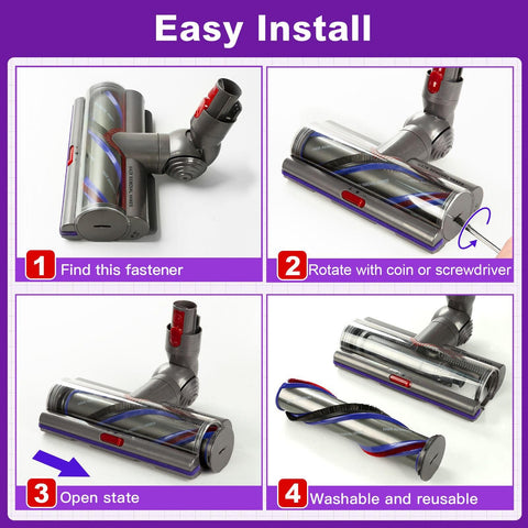 Upgrade High Torque Vacuum Head For Dyson V10 V11 V15 SV12 SV14 SV15 SV17 SV22 SV27 SV28 SV47 Models With Anti Tangle 55 Vanes, installation guide showing steps for easy fastener removal using a coin or screwdriver.