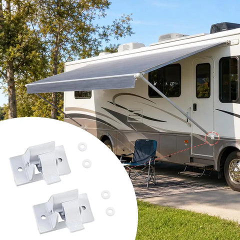 RV Awning Mounting Bracket Replacement Kit for Bottom Arm Heavy Duty Steel and Aluminum Construction Replaces Cracked Bent or Loose RV Awnings Includes 3 Piece Set DIY Friendly Easy Install installed on RV.