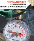 Water pressure test gauge with 2.5-inch dial, 0–200 psi, 3/4 in. female garden hose thread, black steel case, installed on a hose bib.