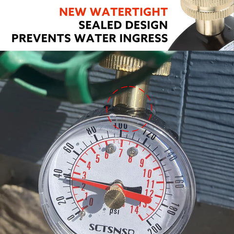 Water pressure test gauge with 2.5-inch dial, 0–200 psi, 3/4 in. female garden hose thread, black steel case, installed on a hose bib.