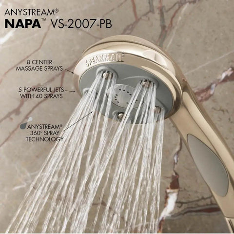 Napa Removable Hand Shower Head And Hose In Polished Brass 2.5 GPM With Anystream 360 Rotation 5 Adjustable Jets And 12 Massage Sprays For A Spa Like Shower At Home