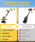 Cordless Garden Tiller Cultivator With 48 Steel Tines next to corded model comparison chart