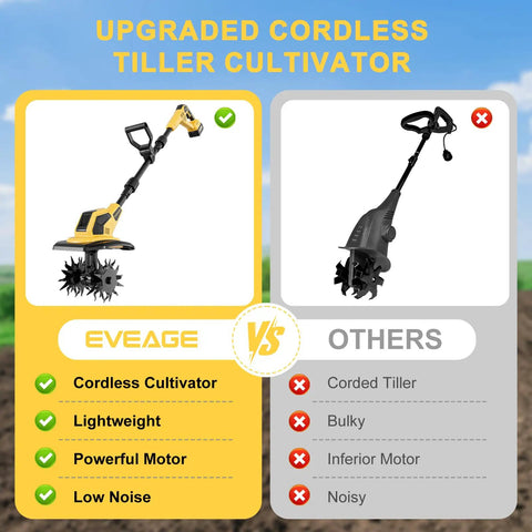 Cordless Garden Tiller Cultivator With 48 Steel Tines next to corded model comparison chart