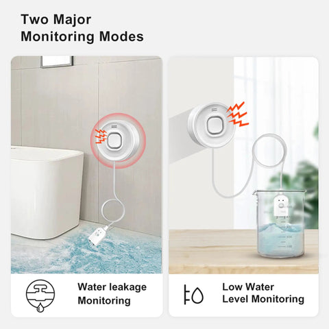 Smart WiFi Water Leak Detector monitoring modes with 100dB Alarm and app alerts, shown detecting water leaks and low water levels