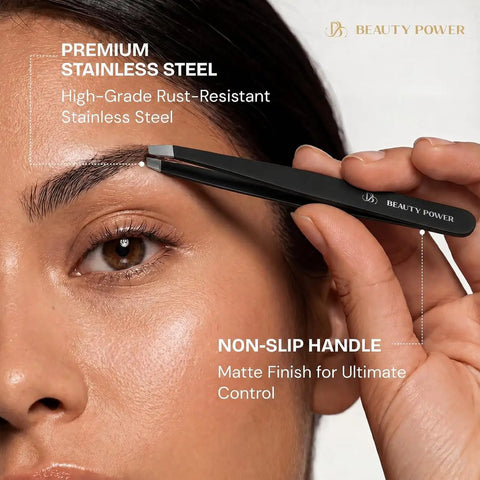 Professional Precision Slant Tweezers For Women And Men Eyebrow Shaping Tool With 25 Degree Slant Tips shown in use on eyebrow