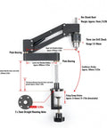 Diagram of Aluminum CNC Tapping Cantilever Bracket with 130mm stroke, clamping range 0-44mm, and components labeled for vertical or horizontal mount.