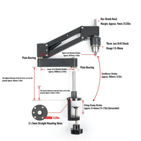 Diagram of Aluminum CNC Tapping Cantilever Bracket with 130mm stroke, clamping range 0-44mm, and components labeled for vertical or horizontal mount.