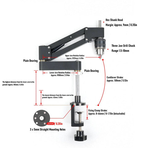 Diagram of Tapping Cantilever Bracket With CNC Aluminum Alloy Robotic Arm 130mm Stroke Adjustable Support Rod And Detachable Clamp
