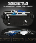 Hidden Money Belt For Travel With RFID Blocking Passport Holder and Slim Body Wallet showing organized storage.