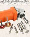 Heavy Duty Angle Grinder to Die Grinder Adapter 5/8-11 to 1/4 Inch and 1/8 Inch Collets with rotary burrs and wheels displayed