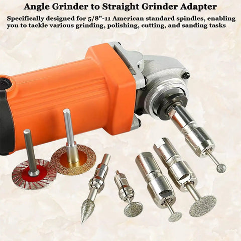 Heavy Duty Angle Grinder to Die Grinder Adapter 5/8-11 to 1/4 Inch and 1/8 Inch Collets with rotary burrs and wheels displayed