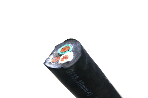 Heavy Duty 100 Ft 12 Gauge 3 Conductor SOOW Rubber Cord showing copper wires, designed for 600V portable power use.