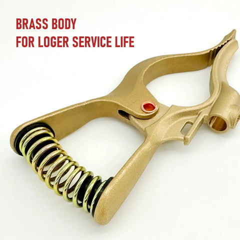 Beefy T Style Welding Ground Clamp in brass, 300 Amp, 8-inch reach; close-up view showing spring mechanism and durable build.