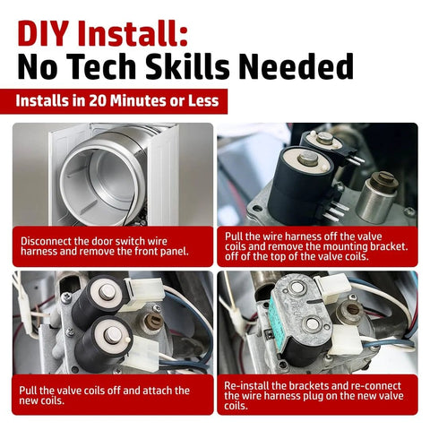 DR Quality Parts dryer gas valve ignition coil kit; 2-prong & 3-prong coils; four-step DIY install guide.