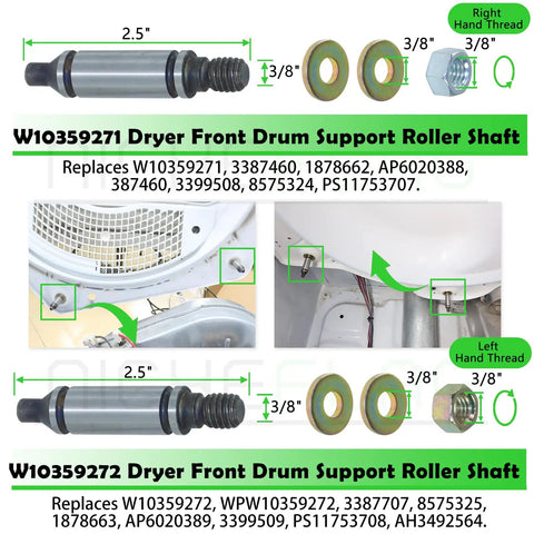 Master Grade Dryer Repair Kit Compatible With Whirlpool And Kenmore Featuring Solid Drum Rollers Idler Pulleys And Heavy Duty Drive Belt Zero Sweat Diy Setup. Front drum support roller shafts with hardware.