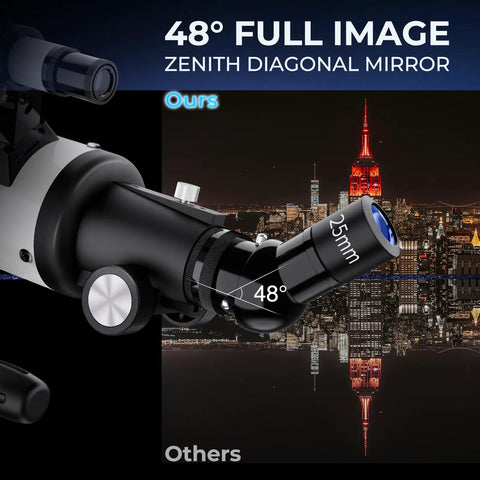 90mm Aperture Refractor Telescope With 800mm Focal Length showing 48-degree diagonal mirror at night