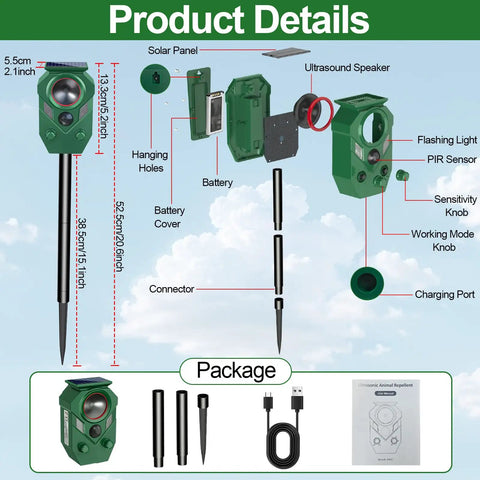 Outdoor Ultrasonic Animal Deterrent With PIR Sensor And Flashing Light Motion Activated Solar Powered Critter Repellent For Cat Deer Squirrel Raccoon Rabbit Skunk And Dog Yard Protection IP65 Waterproof 1 Pack, green stake and parts