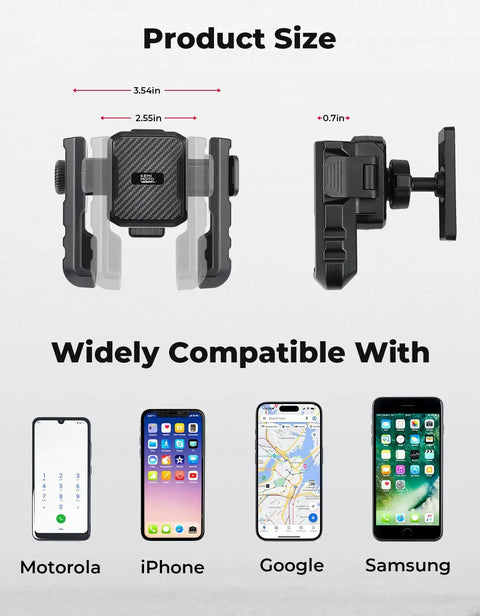 Hella Strong Magnetic Golf Cart Phone Holder And Tractor Mount Featuring Badass Neodymium Magnets, size 2.55x3.54in, showing smartphone compatibility.
