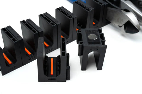 Pro Series 4.0 Magnetic Plier Organizer For Tool Drawers showing black and orange modular holders with magnetic base for 12 pliers.