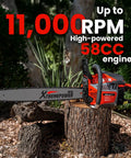 22 Inch Gas Chainsaw With 58cc 2-Stroke Engine, aluminum frame, automatic chain oiler, displayed on tree stump in garden