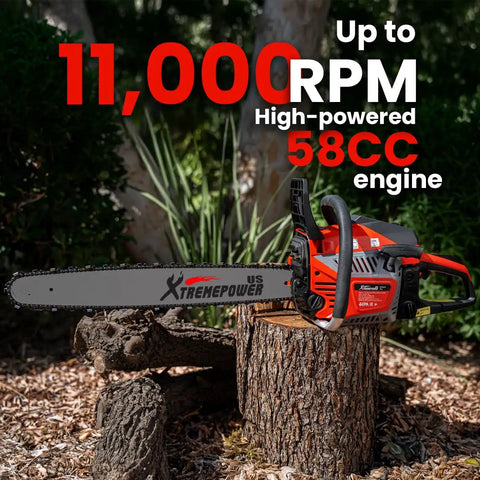 22 Inch Gas Chainsaw With 58cc 2-Stroke Engine, aluminum frame, automatic chain oiler, displayed on tree stump in garden