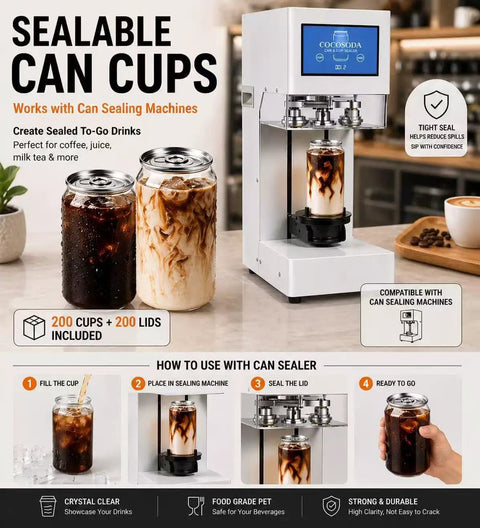 Clear 11oz Plastic Can Cups With Aluminum Lids For Automatic Seaming Machine, 200 Pack PET Beverage Cans in cafe setup