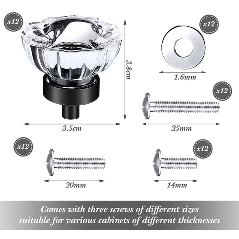 12 Pack Crystal Cabinet Knobs 35 Millimeter Matte Black Vintage Glass Drawer Knobs Decorative Dresser Drawer Pulls Handles Furniture Hardware For Kitchen Cupboard Wardrobe Bedroom Bathroom showing knob and screws with dimensions.