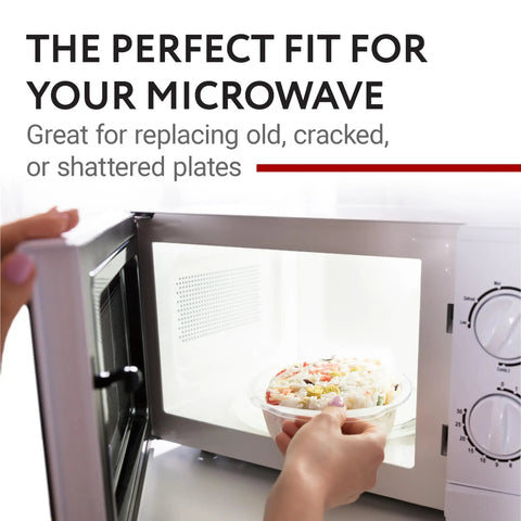 Replacement Microwave Glass Plate 12.5 Inch Clear Easy Swap for GE and Samsung Microwaves shown inside open microwave.