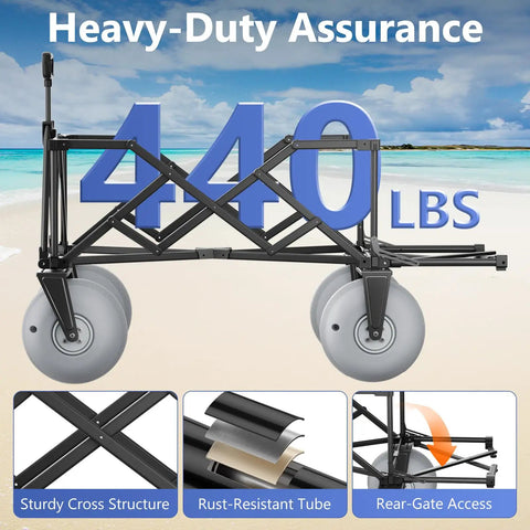10 Inch Inflatable PU Balloon Wheels Beach Wagon, Beast Of A Heavy Duty Cart With 440 Lb Capacity, Rear Tailgate, Blue frame detail