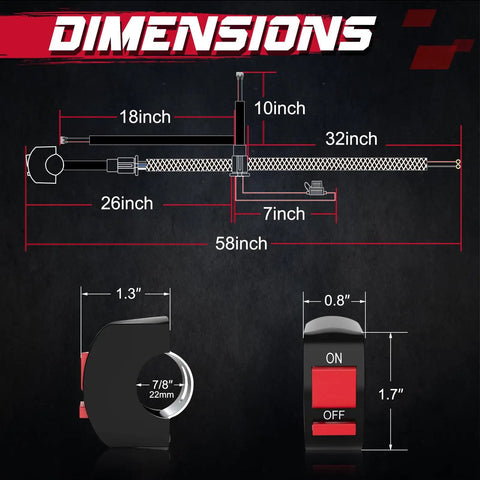 Dimensions of LED Light Bar Wiring Harness Kit with Motorcycle Handlebar Switch, dual lead output, 7-8 inch bars.