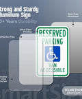 Heavy Duty 18X12 Reserved Parking Van Accessible Handicapped Metal Sign Built Straight Tough With Reflective Aluminum Dot Compliant For Outdoor Applications showing 63 mil thick aluminum with reflective film.