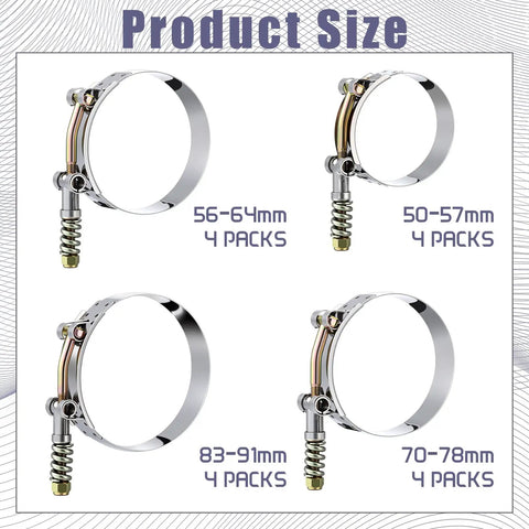 Heavy Duty T Bolt Hose Clamp Kit 16 Pack With Reinforcement Spring, Stainless Steel, shown in 4 sizes with product size labels