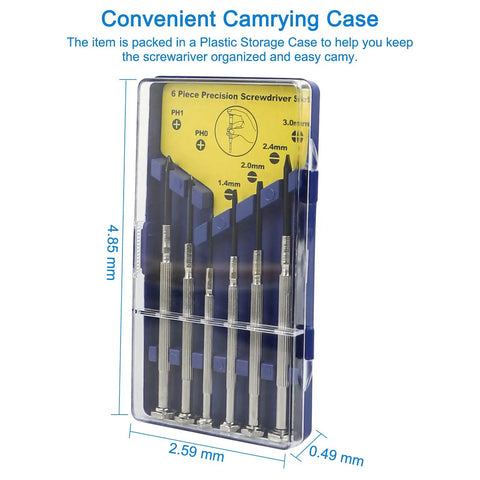 Six Piece Precision Screwdriver Set For Eyeglasses Watches And Electronics with case, flat and Phillips heads in six sizes