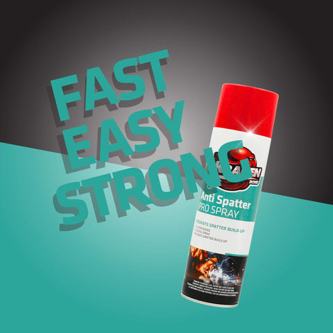 Anti Spatter Welding Spray 2 Pack, 12 Oz Each, Non Flammable, MIG And TIG Safe, front view with bold text 'Fast, Easy, Strong'