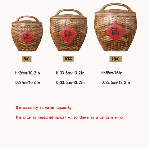 Asian Weave Ceramic Rice Dispenser With Tight Lid Big Kitchen Grain Bin in three sizes: 5kg, 10kg, 15kg with textured design.