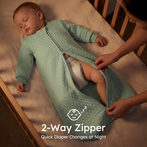 Baby Sleep Sack For Infants 6 To 12 Months 1 Tog Long Sleeve Wearable Blanket Organic Cotton With 2 Way Zipper opened for diaper change